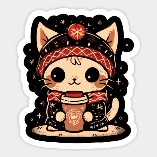 Cute Anime Christmas Coffee Cat Sticker